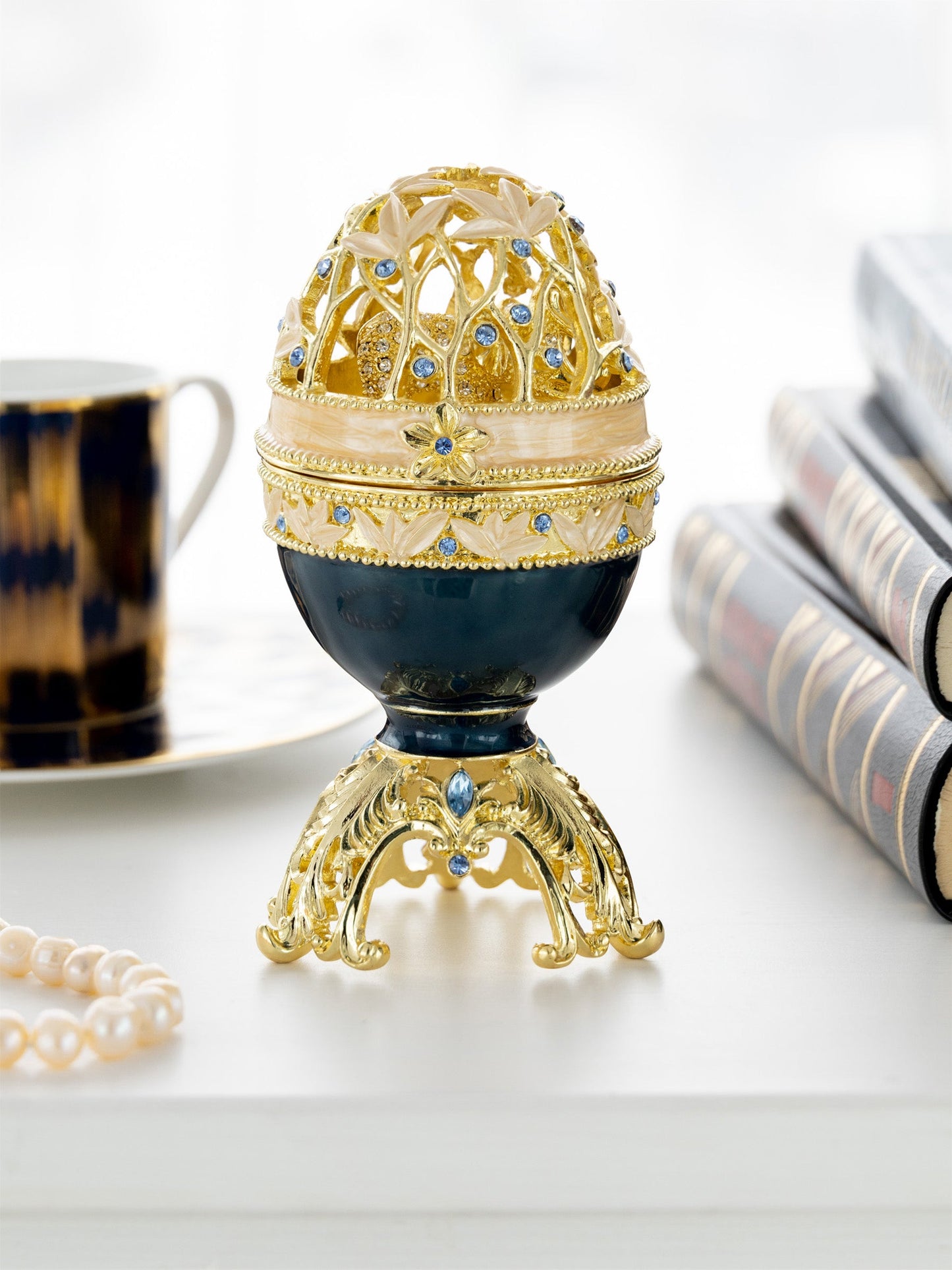 Keren Kopal Golden Blue Faberge Egg with a Golden Elephant