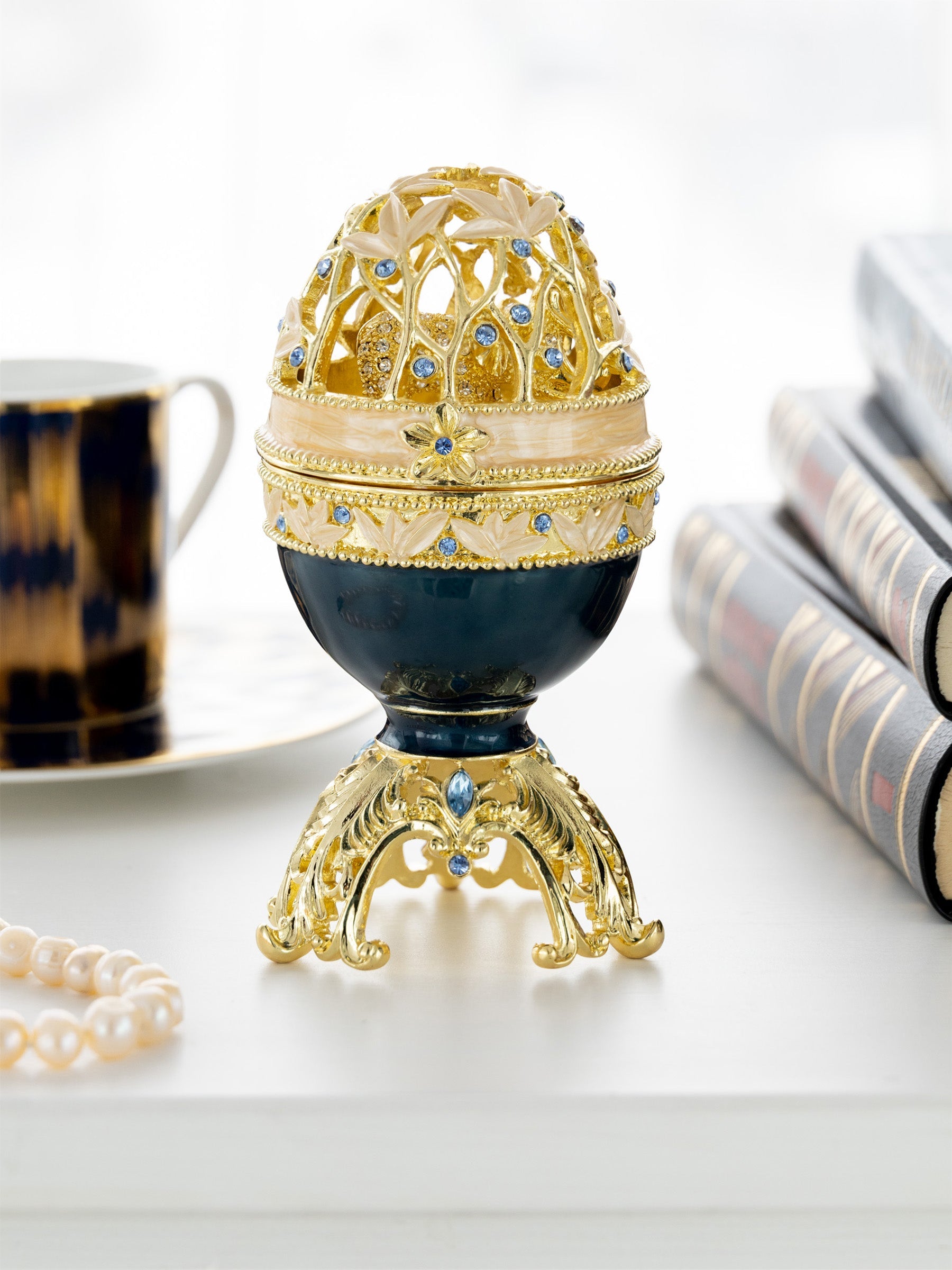 Keren Kopal Golden Blue Faberge Egg with a Golden Elephant