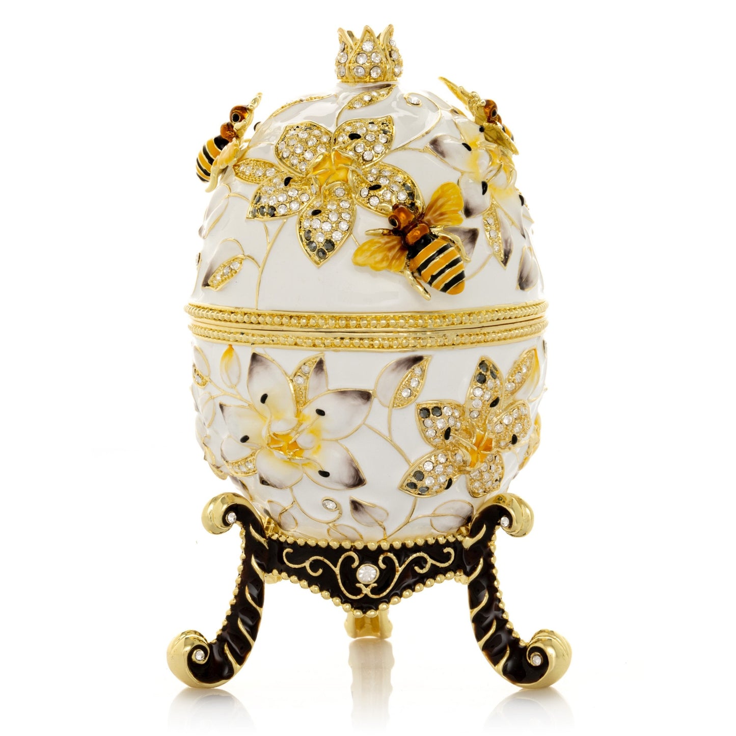 White Faberge Egg with Bees and Flowers - Exquisite Decor