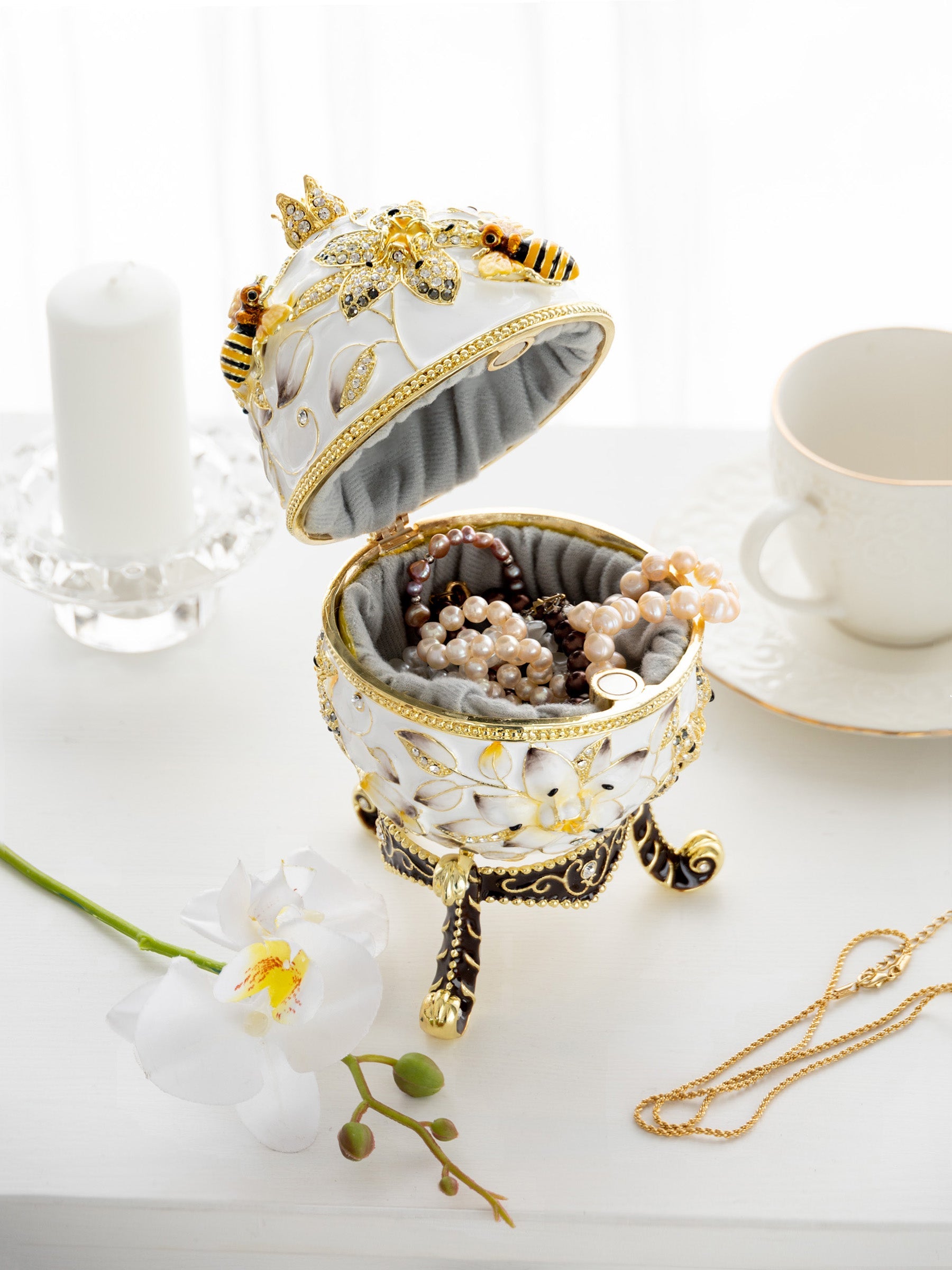 Keren Kopal White Faberge Egg with Bees and Flowers