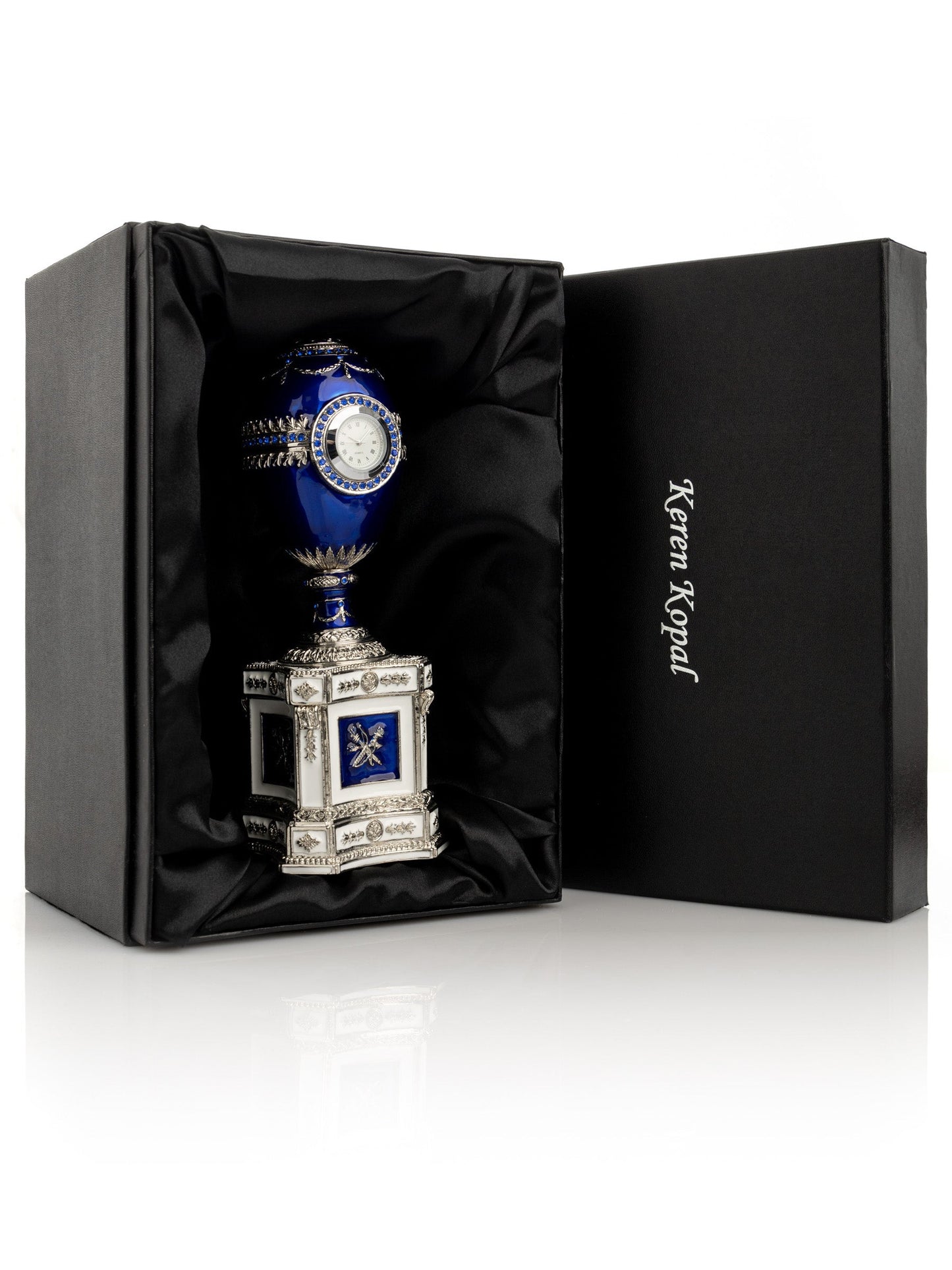 Keren Kopal Blue Faberge Egg with a Pearl and a Clock