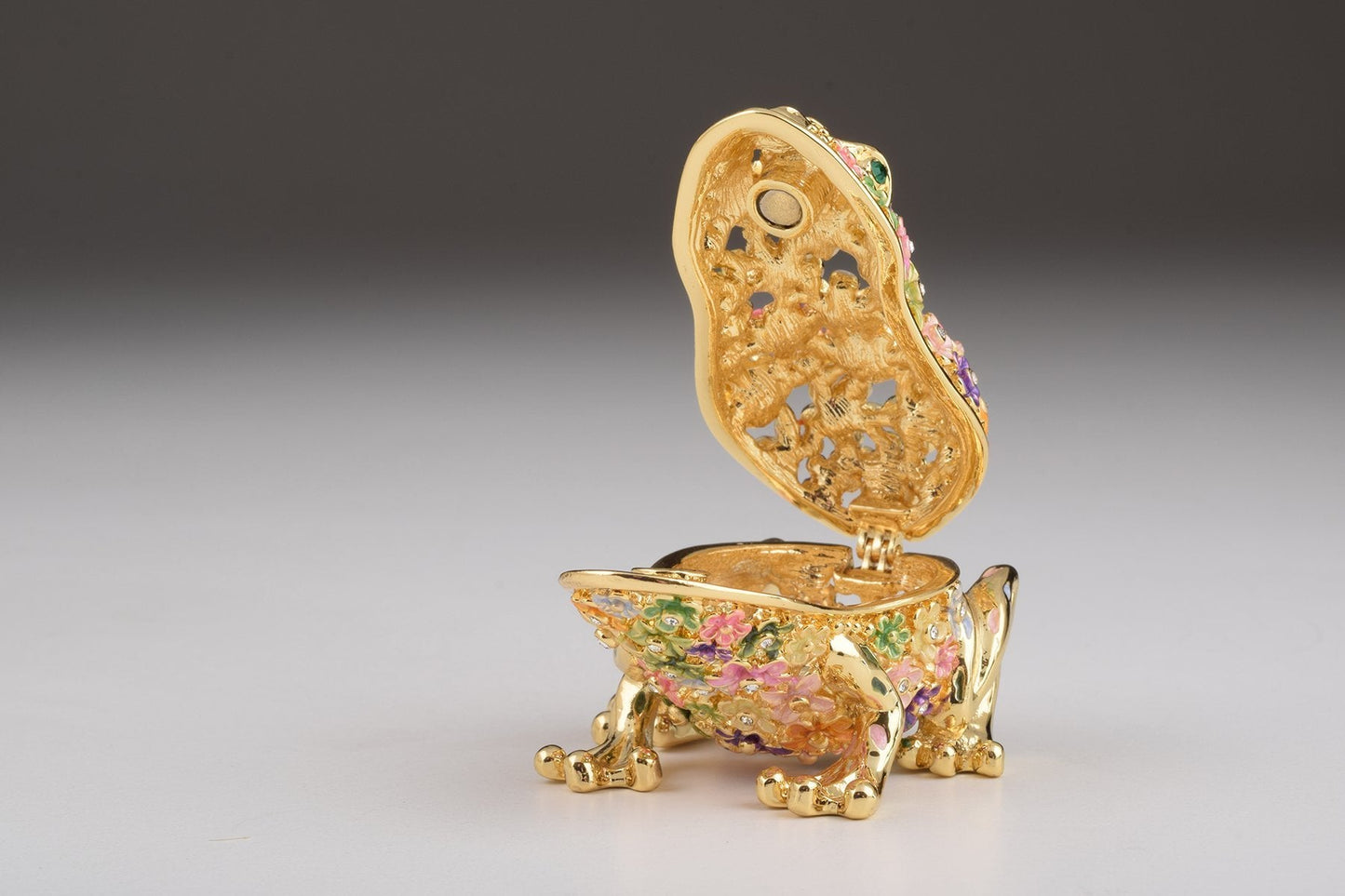 Keren Kopal Gold Frog with Colorful Flowers Trinket Box