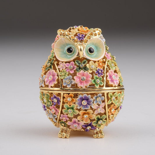 Keren Kopal Gold Owl with Colorful Flowers Trinket Box