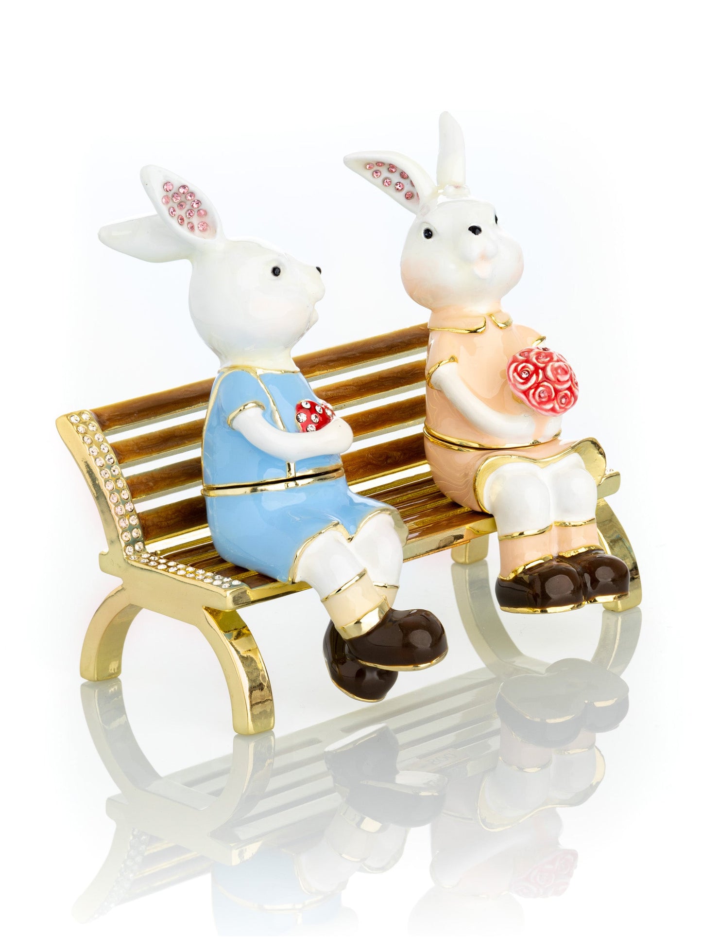 Keren Kopal 2 bunnies in love sitting on a bench, valentine flowers and chocolates