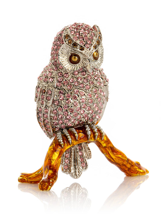 Pink &  Silver Crystal Owl on Amber Tree Branch Trinket Box