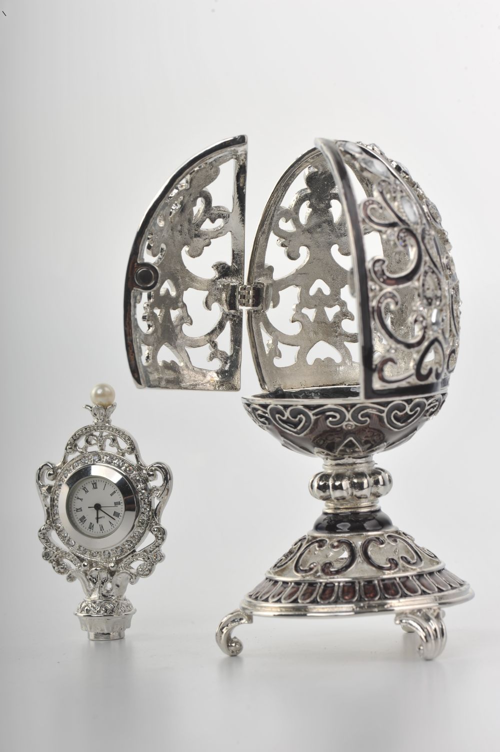 Keren Kopal Silver & Black Faberge Style Egg with a Clock Inside