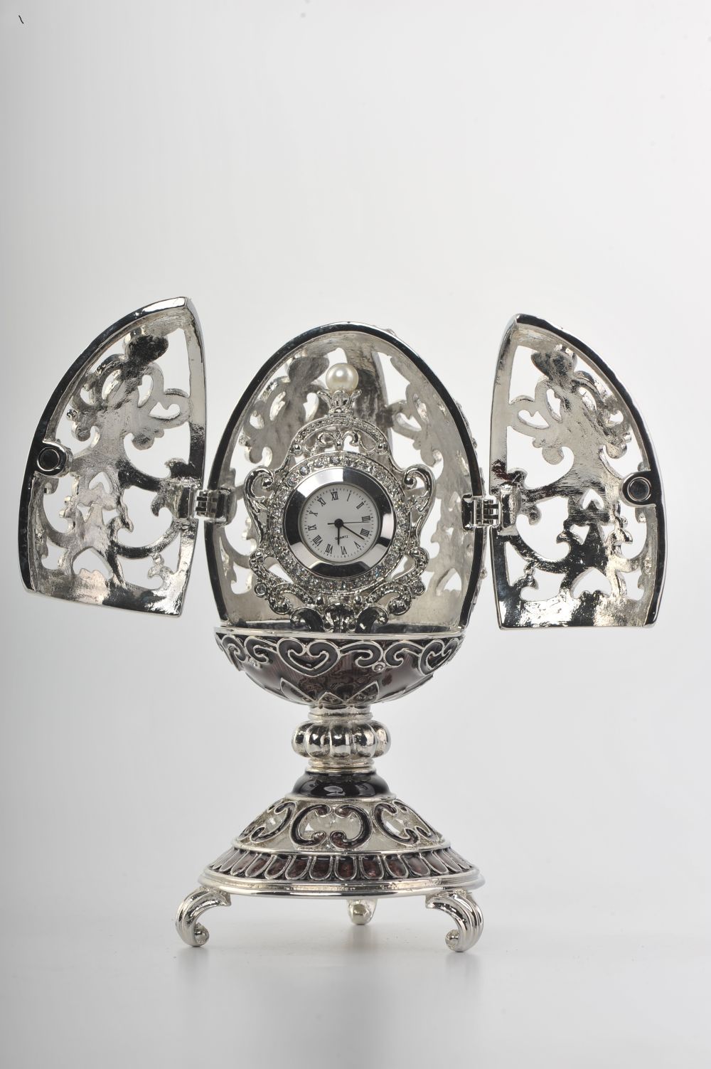 Keren Kopal Silver & Black Faberge Style Egg with a Clock Inside