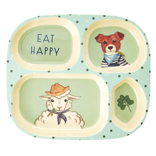 Rice DK | Kids Melamine 4 Room Green Plate with Animal Farm Print